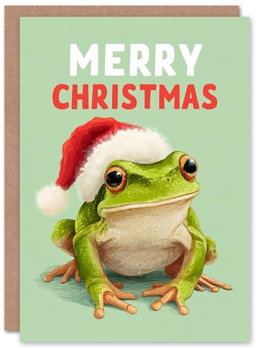 Artery8 Christmas Card Cute Happy Green Frog In Santa Hat Illustration