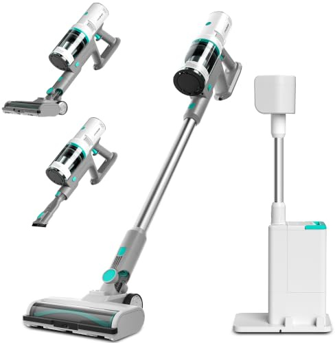 HAUSHOF Akku Staubsauger mit Absaugstation, Kabelloser Staubsauger 3-in-1 | 24kPa Saugleistung, 2,1L Selbstleerender Beutel, Nachtmodus & Duftfunktion, V-förmige Bürste, LED-Licht, Ideal für Teppiche