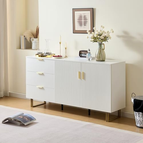 Modernes 2-Türiger und 3-Schubladen Sideboard,Elegantes MDF-Möbel mit goldenen Zinklegierung-Griffen, stabilen Stahlbeinen in Braun,für stilvolle Aufbewahrung in Wohnzimmer oder Esszimmer