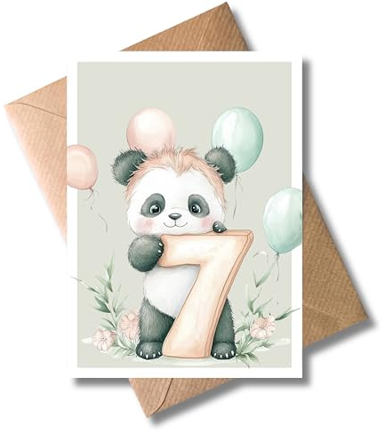 WBdesignz 7. Geburtstag Karte mit Umschlag - Süße Panda-Geburtstagskarte mit Zahl „7“, Luftballons & Blumen - Herzliche Glückwunschkarte für Mädchen & Jungen zum 7. Geburtstag (DIN A6)