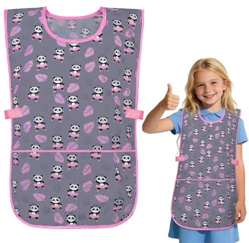 DiULi Malschürze Kinder, Wasserdicht Schürze Kinder, Malkittel Bastelschürze Kinderschürze für Mädchen Jungen, Rosa Panda
