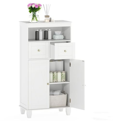 LIFEZEAL Badezimmerschrank, Freistehender Badschrank, Modern Hochschrank mit 2 Schubladen & Türen, offenem Fach, Aufbewahrungsschrank Holz für Badezimmer, Wohnzimmer, Küche, 56 x 30 x 108 cm (Weiß)