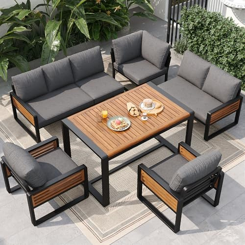 Gartenmöbel Lounge Set, Gartenmöbel Set mit Esstisch aus Massivholz, Möbelset für 8 Personen, Verstellbare Beine, alle Sitz und Rückenkissen Inklusive, Gartenlounge Outdoor, Balkonmöbel, Grau