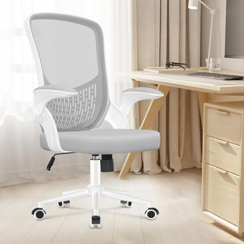 naspaluro Ergonomischer Schreibtischstuhl, Bürostuhl mit 90° Klappbaren Armlehnen, Atmungsaktive Netzrückenlehne, Stabiler Metallrahmen, Drehstuhl für Homeoffice und Lernzimmer, bis 110 kg, Grau