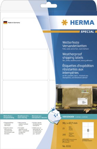 HERMA 8331 Wetterfeste Versandetiketten, 25 Blatt, 99,1 x 67,7 mm, 8 pro A4 Bogen, 200 Stück, selbstklebend, bedruckbar, matt, blanko Adressetiketten Aufkleber aus Folie, weiß