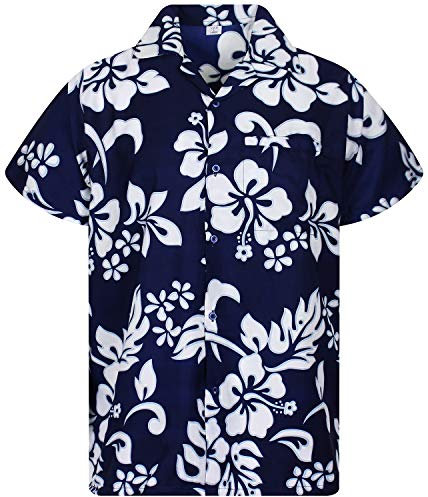 V.H.O. Funky Chemise Hawaienne, Manche-Courte, Hibiscus, Navy-Bleu, XL