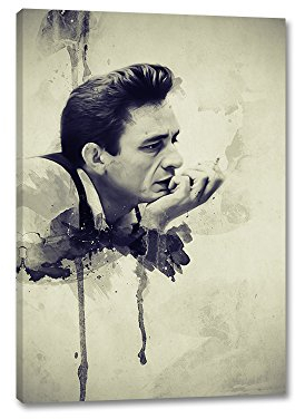Caro-Art Johnny Cash Aquarell Art 90x60cm Portrait Digital Art Beige Gelb Grün Leinwandbild auf Keilrahmen Wandbilder