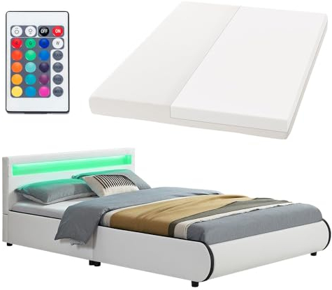 Juskys Polsterbett Sevilla 140x200 cm mit Matratze, LED Beleuchtung, Lattenrost & Kopfteil - Holz & Kunstleder - 16 Farbeinstellungen & Fernbedienung - Bett Jugendbett Einzelbett - Weiß