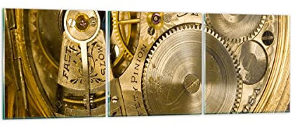 Mehrteilige Bilder auf Glas Uhr Uhr Mechanismus Messing Glasbild 90x30cm Wandbilder Dekoration Wohnzimmer Schlafzimmer Küche Set 3 teilige Klein Wanddeko Wand Kunstdruck Art Modern GCA90x30-1519