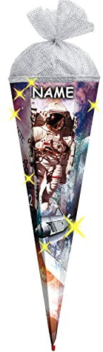 mit LED Licht Effekt ! - Schultüte - Weltraum Astronaut - Space/Galactica - 70 cm - rund - incl. Name - Filzabschluß - Zuckertüte - Roth - mit Holzspitz..