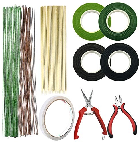 Allazone 7 Arten Blumen Arrangement Tool Kit, 2 Stil Floral Kreppband, 22 Gauge Grün Blumenstamm Draht, Floral Drahtschneider und Bambusstock für Strauß Stem Wrap Florist