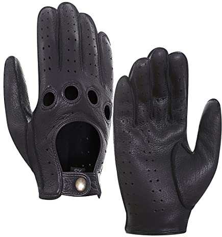 Harssidanzar Herren Lederfahrhandschuhe Hirschleder Ungefüttert Upgrade, schwarz,L