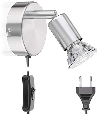ledscom.de Leselampe Bettleuchte LUNARA, Schalter, Stecker, Edelstahl, chrom matt, inkl. LED GU10 Lampe (weiß, 5,3W, 504lm, 50°)