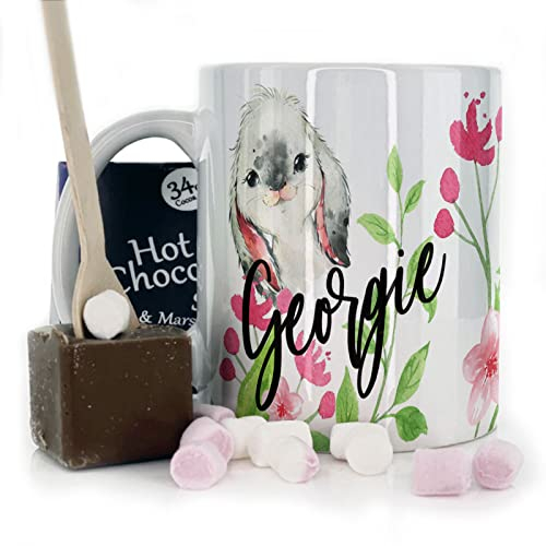 Personalised Mug and Belgian Milk Chocolate/Hot Chocolate Stirrer Marshmallow Gift Set, Custom Name (11oz) White, Yellow, Blue, Black, Pink Mug with Name on Grey Rabbit & Pink Flower Print Design