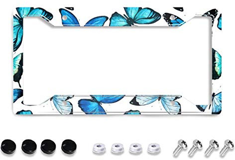 Personalized License Plate Frame Metal Aluminum Blue Butterfly Pattern License Plate Cover Car Tag Holder with 4 Holes and Screws For Women Men Auto Decoration For USA Canada Vehicles Standard(12x6)
