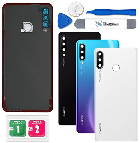 Eonpam Akkudeckel für Huawei P30 Lite Rückseite Glas Original Backcover Back Glas Ersatz Reparatur Set mit Kameraobjektiv (Weiß)