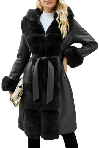 Giolshon Damen-Jacke mit Fellfutter aus Wildlederimitat, Kapuze und Pelzkragen dicker langer Mantel mit Gürtel 244 Schwarz XL