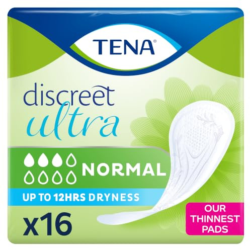 TENA Discreet Ultra Incontinence Pads, Normal (16 Count) | For Women Experiencing Light Bladder Weakness, Longer Length, Triple Protection Against Leaks, Odour & Moisture