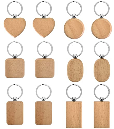 Schlüsselanhänger Holz, 12 Stücke Schlüsselring Holz, Personalisiert Naturholz Blanko Schlüsselbund Holzanhänger mit Ring für DIY Bemalen Schlüssel Handtasche Geldbörse Geschenk