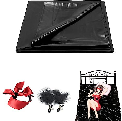 BDSMYOU Sex Bettlaken Bettwäsche Wasserdicht Sexlaken 200 X 130 cm,Fesseln Sex Set,Lack Bettlaken & Augenbinde Sex Bett & Federkitzler,Sexspielzeug für Paare Extrem Sex Feuchte Sex Spiele im Bett