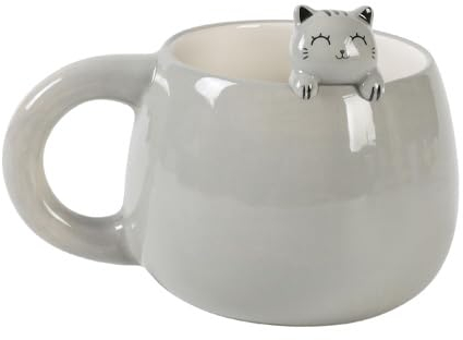 I-TOTAL® - Tasse en céramique avec animal en céramique sur le bord, tasse à thé ou café (GREY CAT) 450 ml