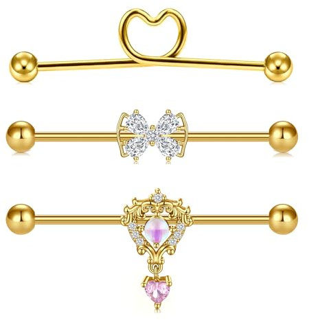 AVYRING 14G en or Piercing Nndustriel, Barbell industriel en acier chirurgical avec pendentif papillon et cœur, Boucles d'oreilles double cartilage helix pour femmes de 38mm