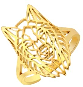Amaxer Niedlicher Origami Wolf Fuchs gekrönter König der Löwen Ring verstellbar geometrisch ausgehöhlt Edelstahl Fingerring für Unisex Tierliebhaber (Wolf-Gold)