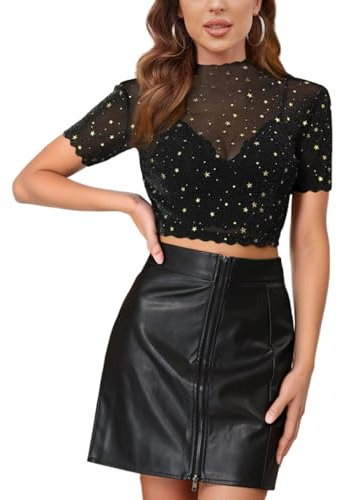MAYFASEY Women Gold Star Printed Short Sleeves Stretch Mesh Sheer Crop Tops See Through Blouses, Black, L