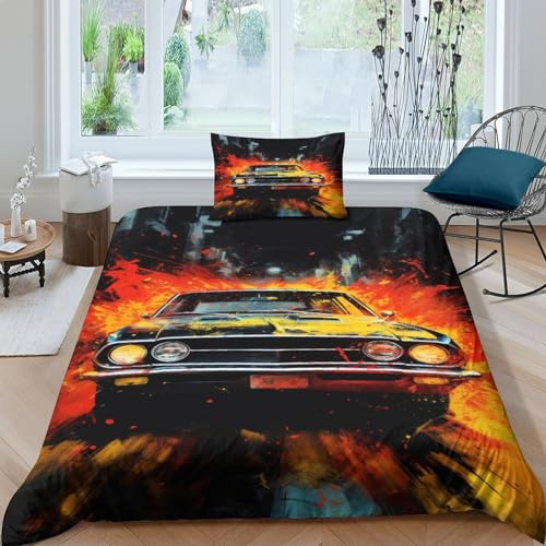 AAHARYA Muscle Car Bettwäsche Wildr 3D Bettbezug Set 3teilig Microfaser Bettwäschegarnitur Mit Wildr Gedruckt,Verdeckter Reissverschluss Single（135x200cm）