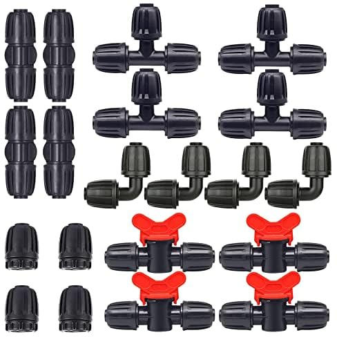 CINEMON Kit rubinetti per irrigazione per Tubi a Goccia da 1/2 - 4 Pezzi a T, 4 Giunti, 4 estremità, 4 Gomiti, 4 valvole di commutazione - Connettori con ardiglione (20 Pezzi)