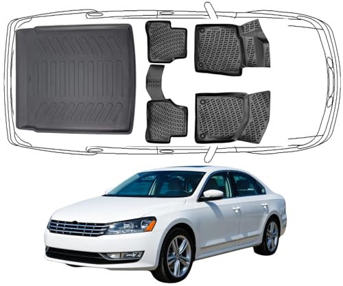 Trimak Passgenau 3D Fussmatten & Kofferraumwanne Auto Set Kompatibel mit VW Passat B7 Kombi 2010-2015 Auto Zubehör Gummimatten Kofferraumwanne Autos TPE Allwetter Geruchlos rutschfest