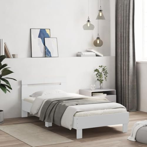 vidaXL Bettgestell, Bettrahmen mit Lattenrost, Bett Gästebett mit Kopfteil LED-Leuchten, Einzelbett Schlafzimmerbett Schlafzimmermöbel, Weiß 100x200cm