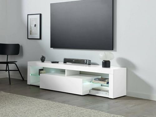 Dmora - Meuble TV Ugo, Base de Meuble TV, Buffet Bas de Salon avec 1 Porte, 100% Made in Italy, 160x40h35 cm, Blanc Brillant