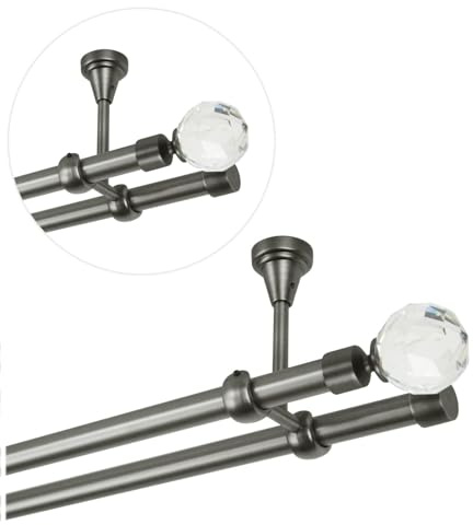 Gardinenstange 480 cm für Deckenmontage, Vorhangstange 19 mm 2-läufig Antik Stahl, Gardinenstangenset mit Kugel Kristall