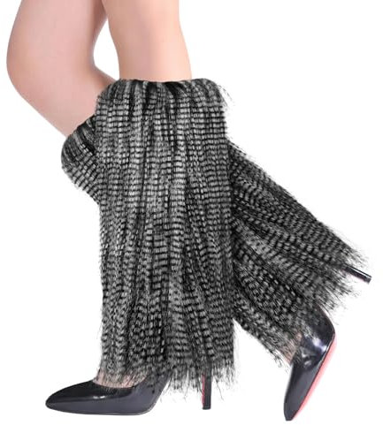 XEPST Jambières en Peluche pour Femme, Jambes en Fourrure d'hiver Manchettes, Couvre-jambes Doux et Sexy en Fourrure, Longues Bottes Manchettes pour Femmes, Noir + Blanc