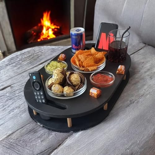 PEGSEN Couchbar Snackbox in Schwarz mit 4 Glasschalen - Personalisierbar - Sofabar für Snacks und Getränke - Couchtablett mit Getränkehalter - Sofa Butler - Snackbar für die Couch - Couchbar
