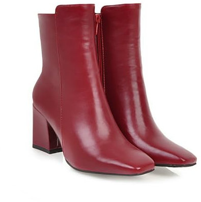 FQMAYPO Stivaletti Caldi da Donna Stivaletto con Tacco Basso A Blocco Grosso con Cerniera Stivaletto Chelsea A Punta Quadrata Autunno Inverno Stivali in Pelle di Vitello Medio,Rosso,39 EU