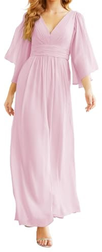 ZM102 Robe de demoiselle d'honneur à manches longues en mousseline de soie avec fente, rose bonbon, 36
