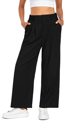 Timuspo Waffelmuster Schwarze Stoffhose mit Taschen Wide Leg Palazzo Hose Lässig Bequem Damen Elegant High Waist Breite Hosen L