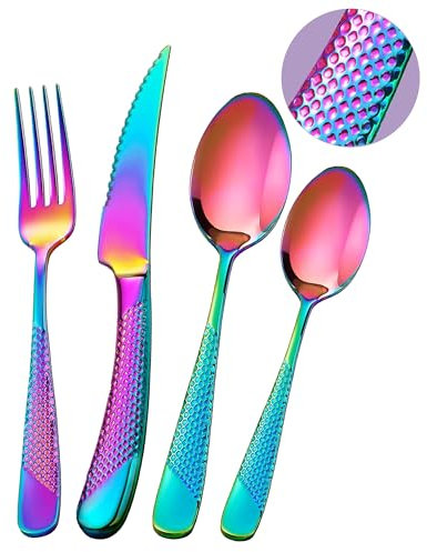 SHEUMNT Ensemble de couverts modernes 24 pièces, Arc-en-ciel martelé Couteaux dentelés 2-en-1 ultra-tranchants, Service en acier inoxydable 18/10 Set pour 6 personnes, Couteaux, fourchettes, Cuillères