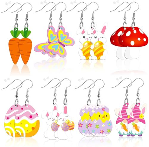 Ostern Ohrringe, 8 PCS Oster Ohrringe Damen, Acryl Ostern Baumeln Haken Ohrringe, Küken Kaninchen Karotte Oster Ohrringe, Hasen Ohrringe, für die Dekoration von Feiertagspartys