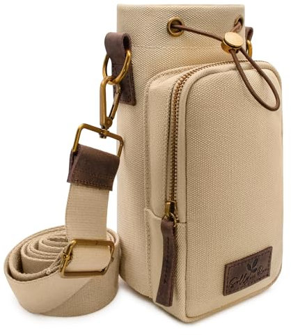 Water Bottle Holder With Wide Strap and Pocket | Insulated | Genuine Leather | Durable Cotton Canvas | 16 to 32 oz
