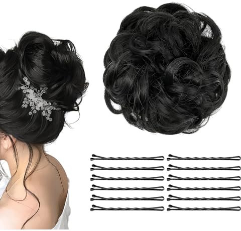 Echthaar Haarteil mit 36 Clips - Dutt Haarschmuck für Damen und Mädchen - Haargummi mit Haaren, Gummiband Frisurenhilfe Perücke (Schwarz)