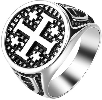 Aroncent Jerusalem Kreuz Herren Ring: Edelstahl Siegelring für Männer Christliches Kreuzritter Symbol Glaubensring für Baptismus Taufgeschenk Religiöser Talisman