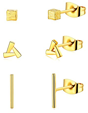14k Gold Tiny Stud Earrings for Women Men, 3 Pairs Small Gold Geometric Stud Earrings Set Hypoallergenic Trendy Triangle Square Bar