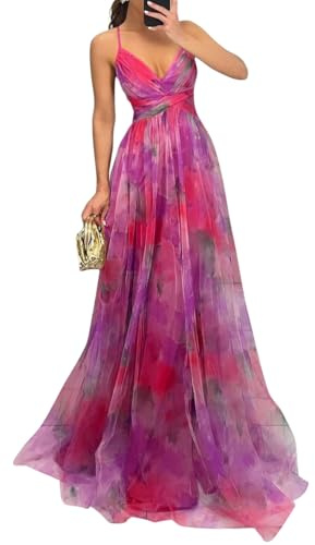 shownicer Vestito Donna Elegante Abito Cerimonia Vestito Lungo Estivi Scollo a V Senza Maniche Vestiti Stampa Floreale