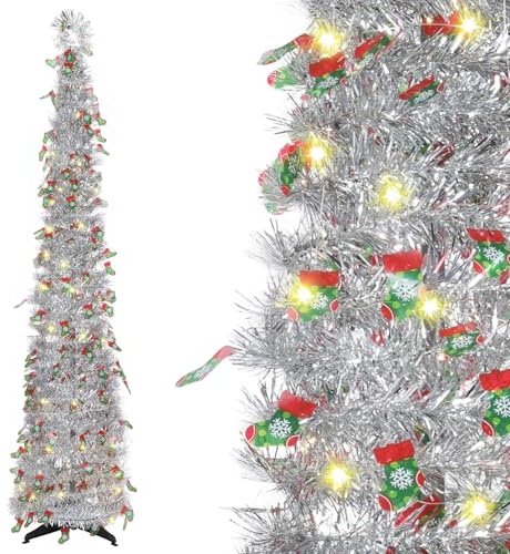 Yaskyly Albero di Natale artificiale pre-illuminato, 1,5 m, con luci e calzini di Natale, pieghevole, decorazione natalizia per portico, casa, raccolto, festa del Ringraziamento, Natale
