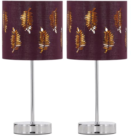 Set of 2 Chrome Stick Table Lamps with Burgundy Fern Cut Out Shade