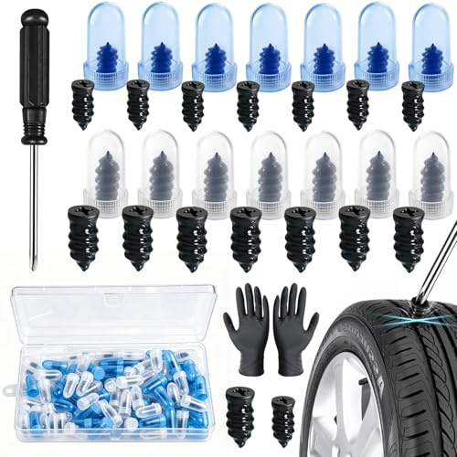 100 Pièces Clous en Caoutchouc, Kit Reparation Pneu Voiture avec Tournevis | Clou de Réparation Pneu, Kit Anti Crevaison Voiture, Vis Reparation Pneus Voitures sous Vide pour Auto Moto(50 S +50 L)