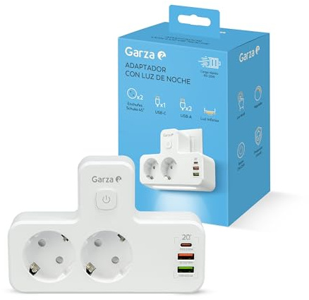 Garza - Adaptador 5 en 1 con 2 Enchufes Schuko, 2 USB-A y 1 USB-C PD20W, Carga Rápida, Luz Nocturna Táctil Regulable, Protección Infantil y contra Sobrecalentamiento